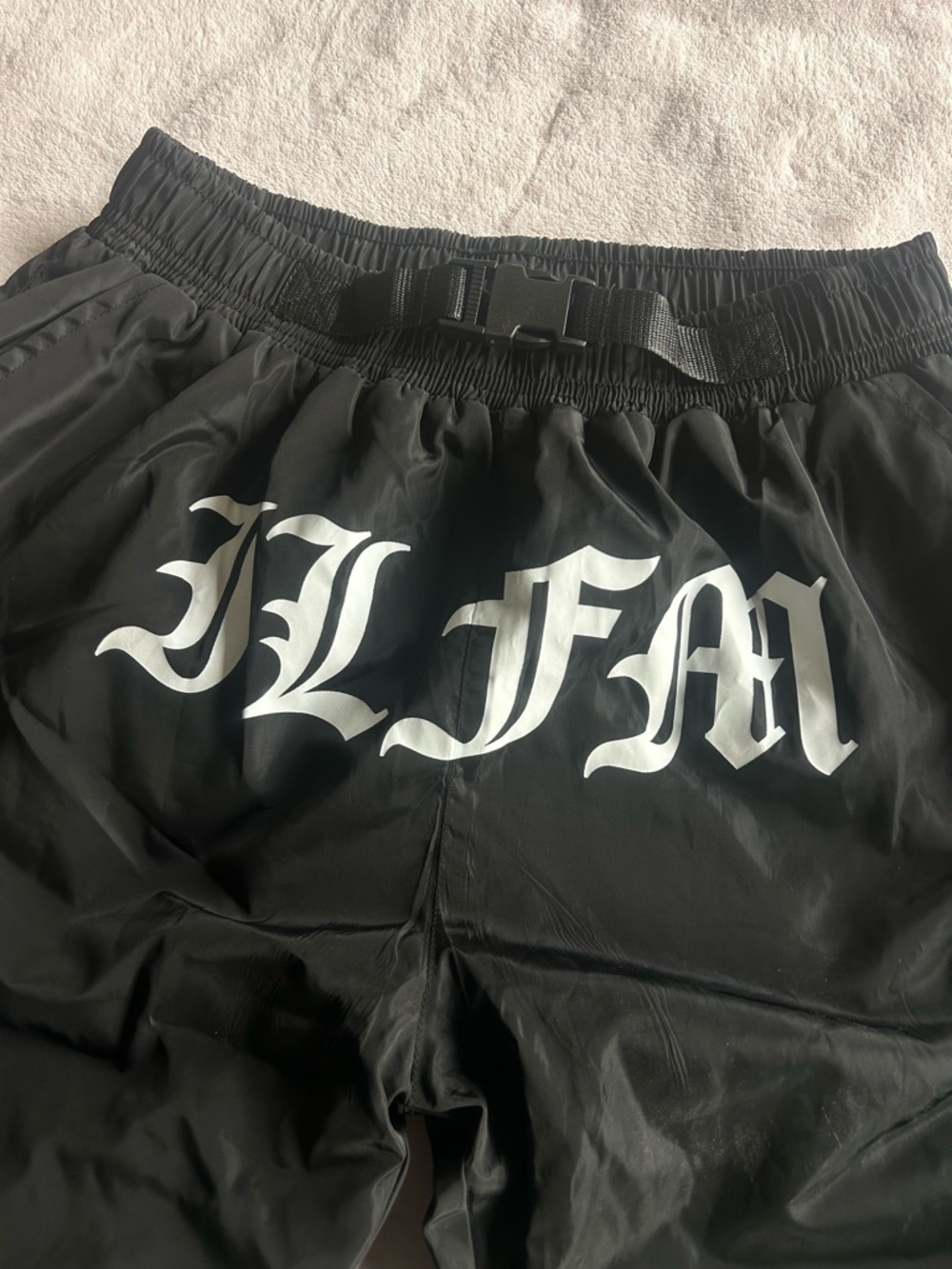 Black Cargo Jogger Pants with White Gothic Back Print - Picture 2 of 6